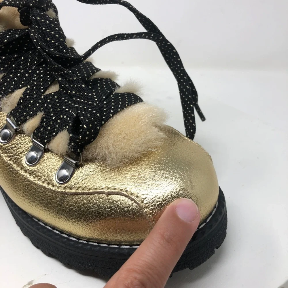 J.Crew Nordic Boots Womens 9 Gold Metallic Faux Fur Trim Lug Sole Glam Statement